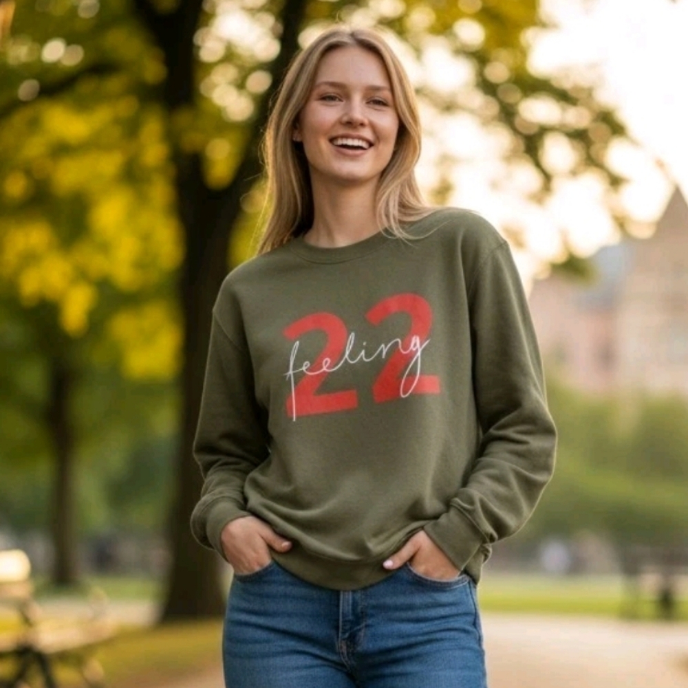 O Circle Clothing, Feeling 22 Graphic Sweatshirt, Size Small. Olive Green Casual